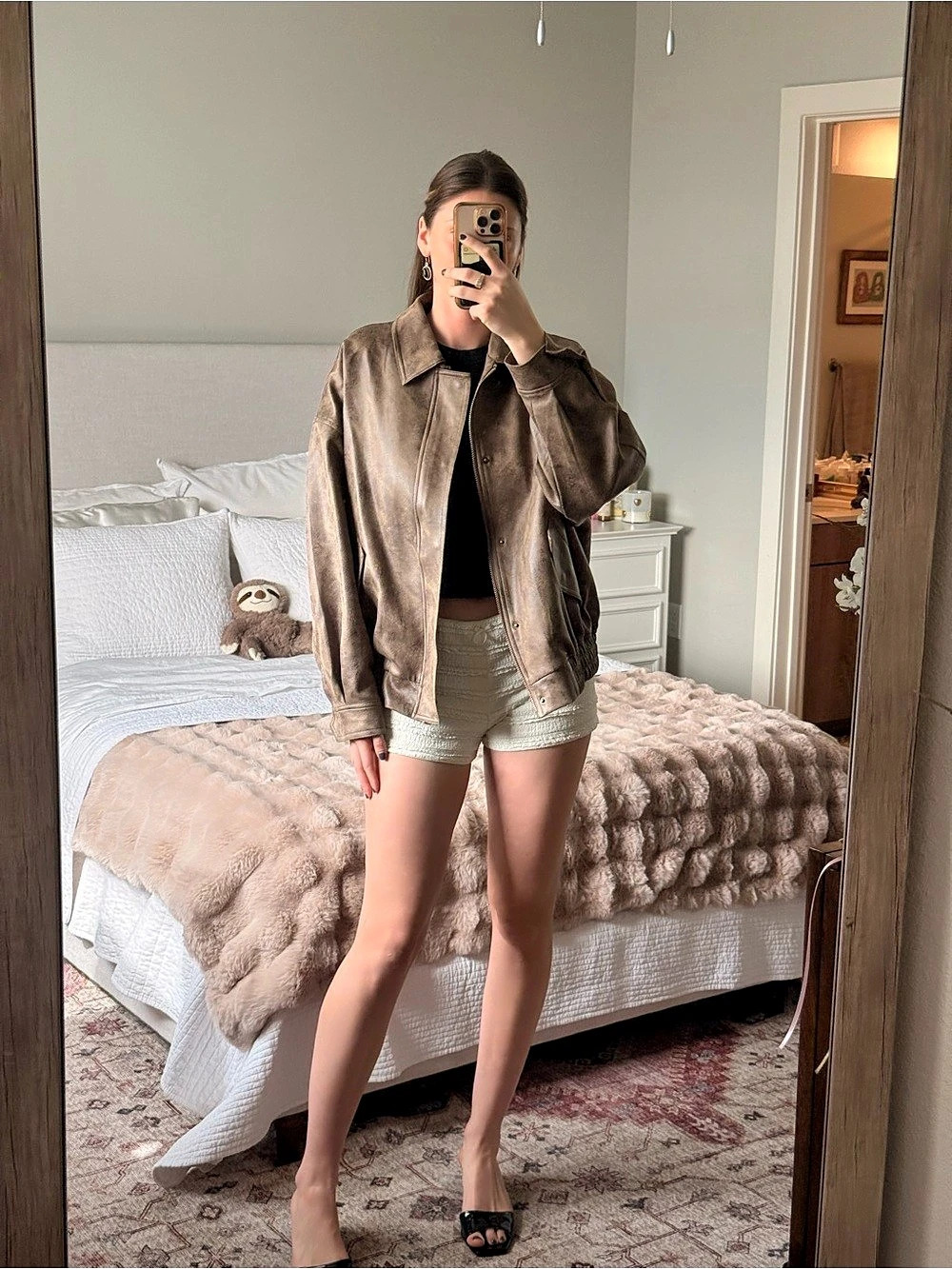 LIONESS Faux Leather Bomber Jacket in Brown Size Small Like New